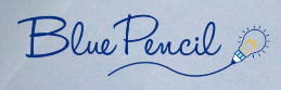 A blue pencil logo with a light bulb in the middle