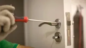 A man is fixing a door handle with a screwdriver.