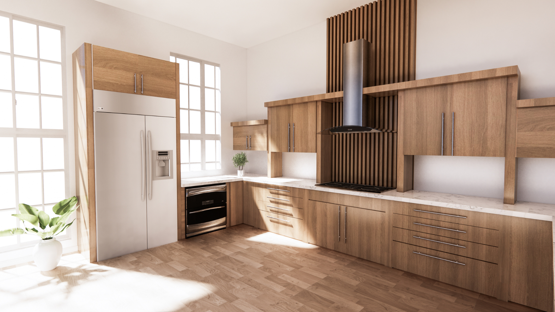 A kitchen with wooden cabinets , a refrigerator , a stove , and a window.