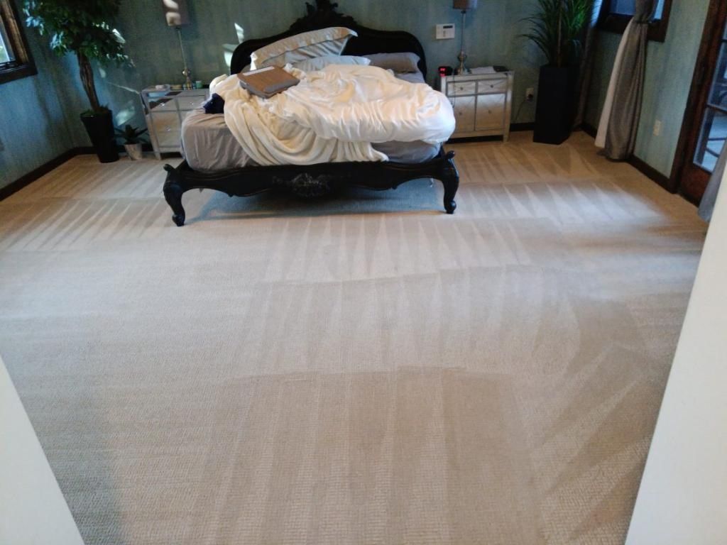Bedroom with freshly cleaned beige carpet, large bed, and nightstands.