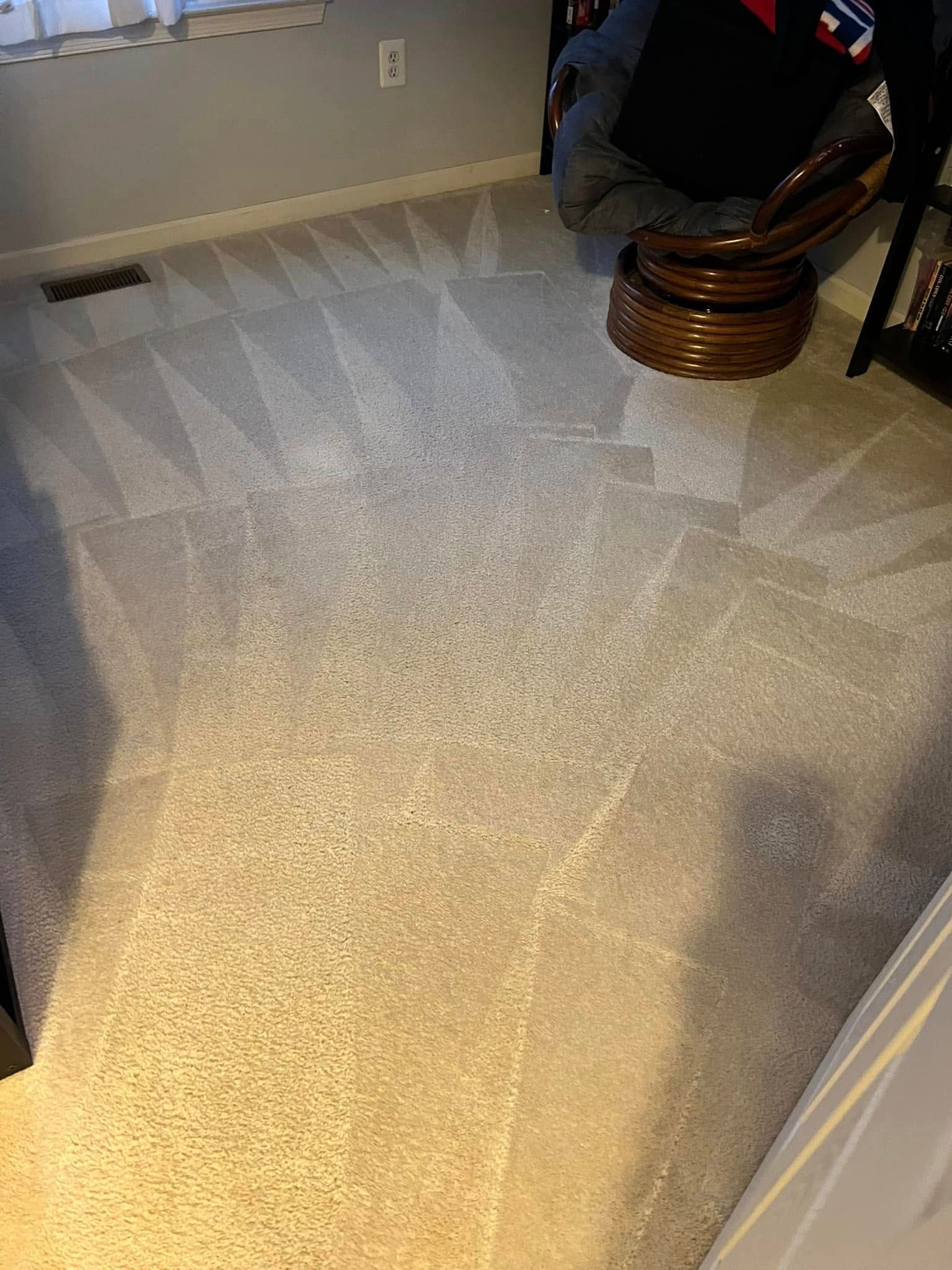 Beige carpet with vacuum marks; a wooden chair and part of a bookshelf are visible in a corner of the room.