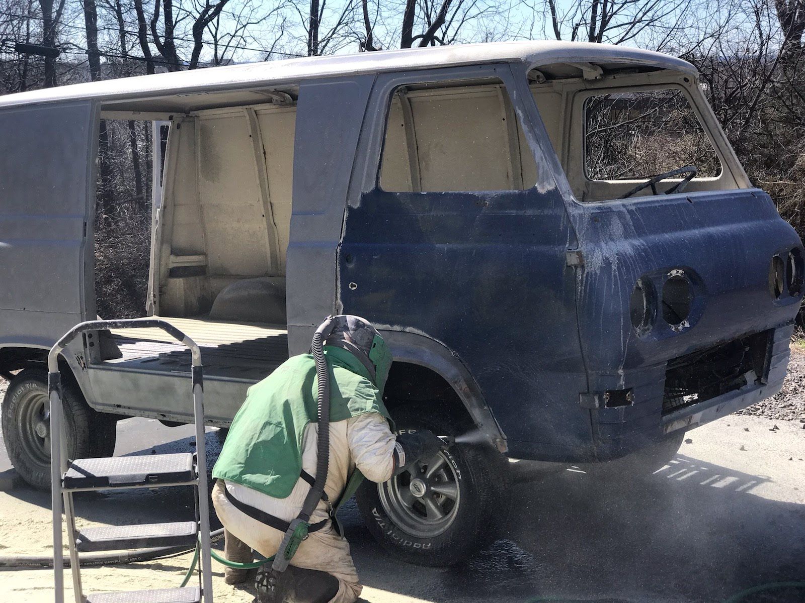 Dustless blasting process on truck in Newtown Pa