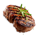 Grilled steak with char marks and rosemary sprig on a white background