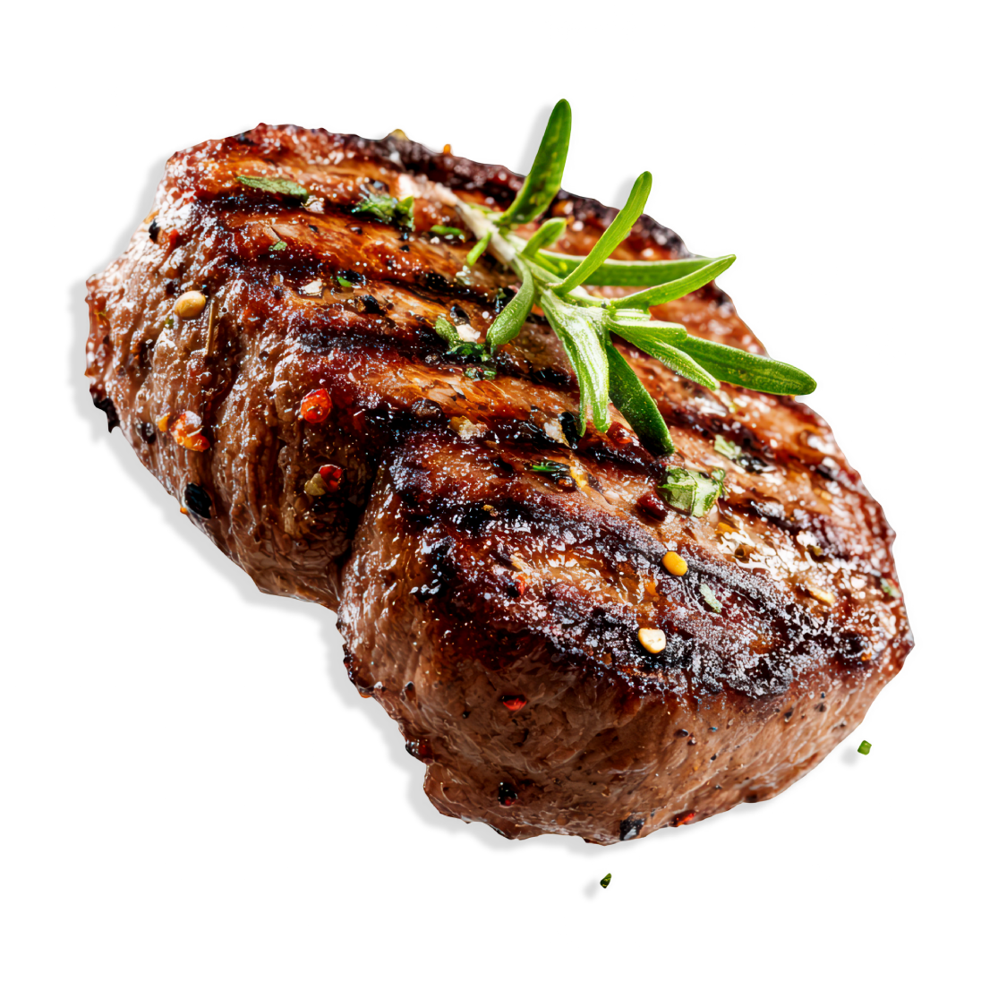 Grilled steak with char marks and rosemary sprig on a white background