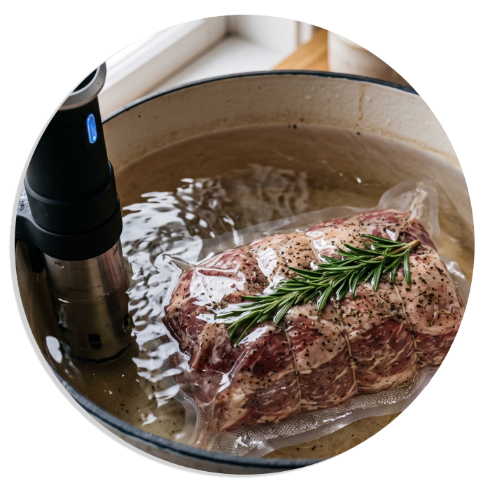 Raw steak with rosemary in a marinade bag inside a bowl, with an immersion circulator nearby