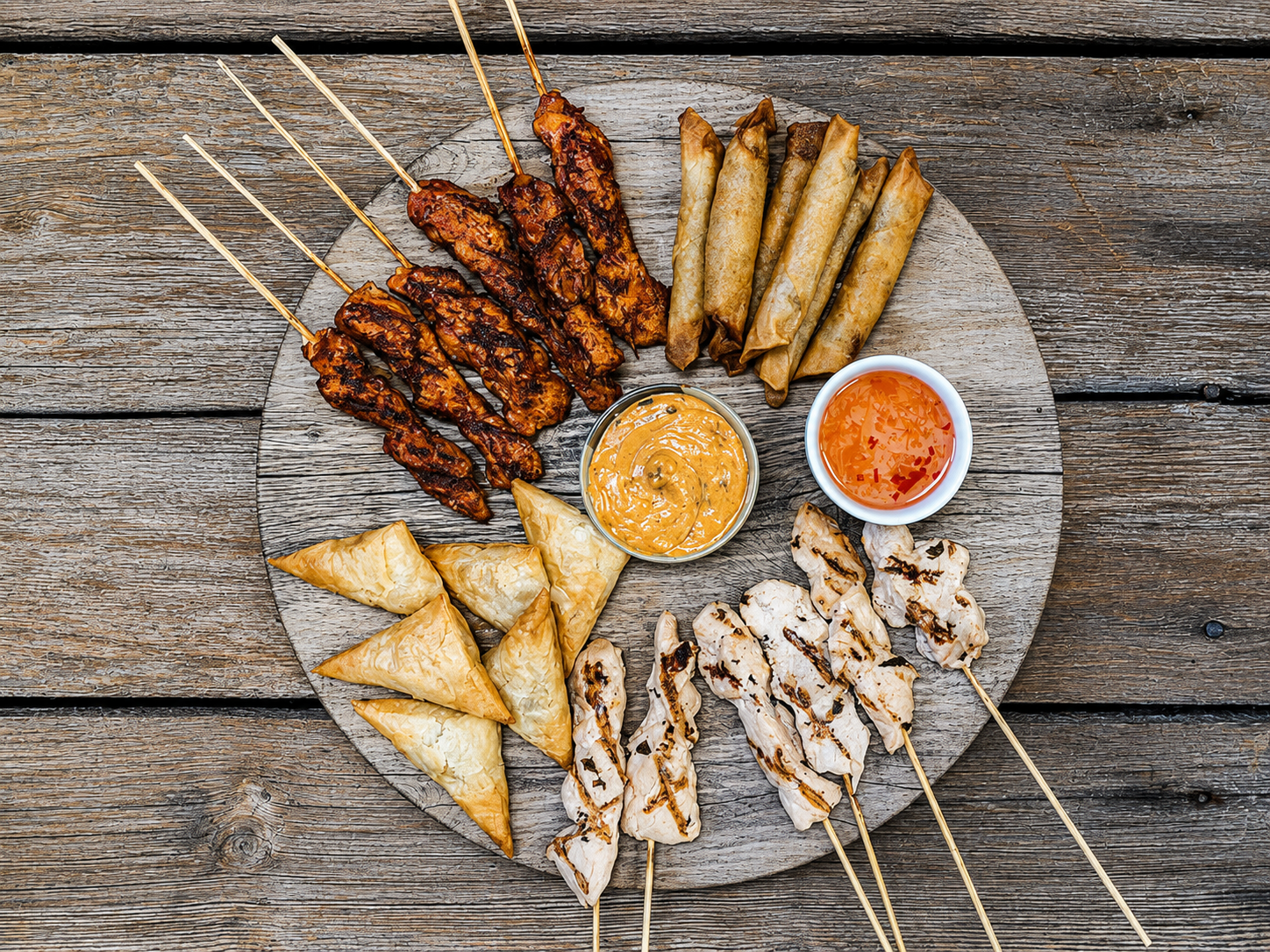 Assorted grilled skewers, spring rolls, and dipping sauces on a round plate over rustic wood.