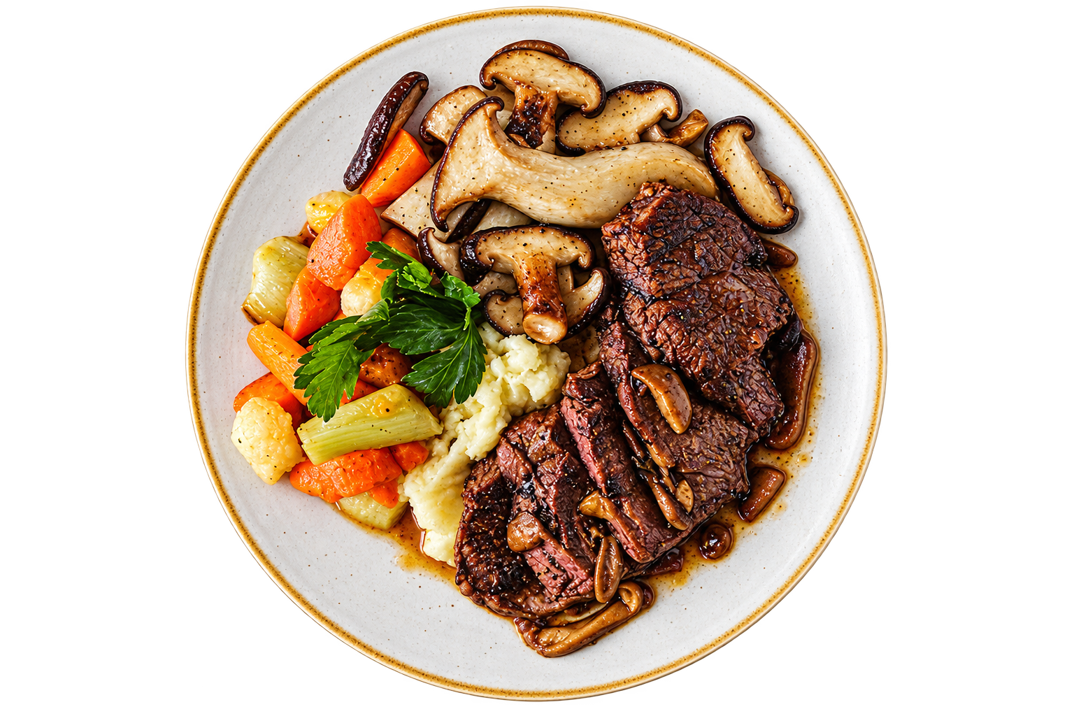 Plate of steak slices with mushrooms and colorful vegetables on a white dish