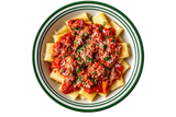 Plate of pasta with red tomato sauce and grated cheese on a white dish with green rim
