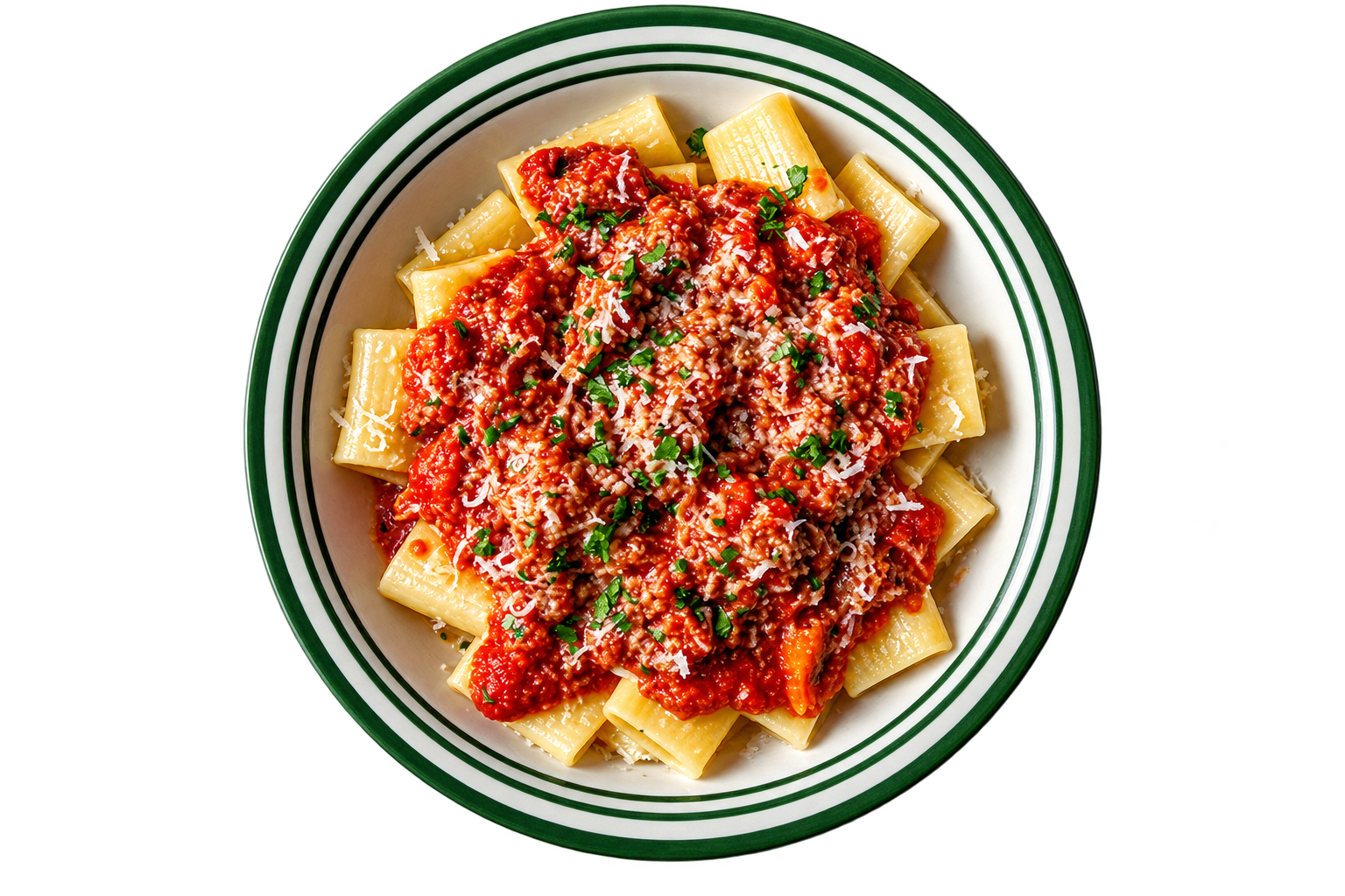 Plate of pasta with red tomato sauce and grated cheese on a white dish with green rim