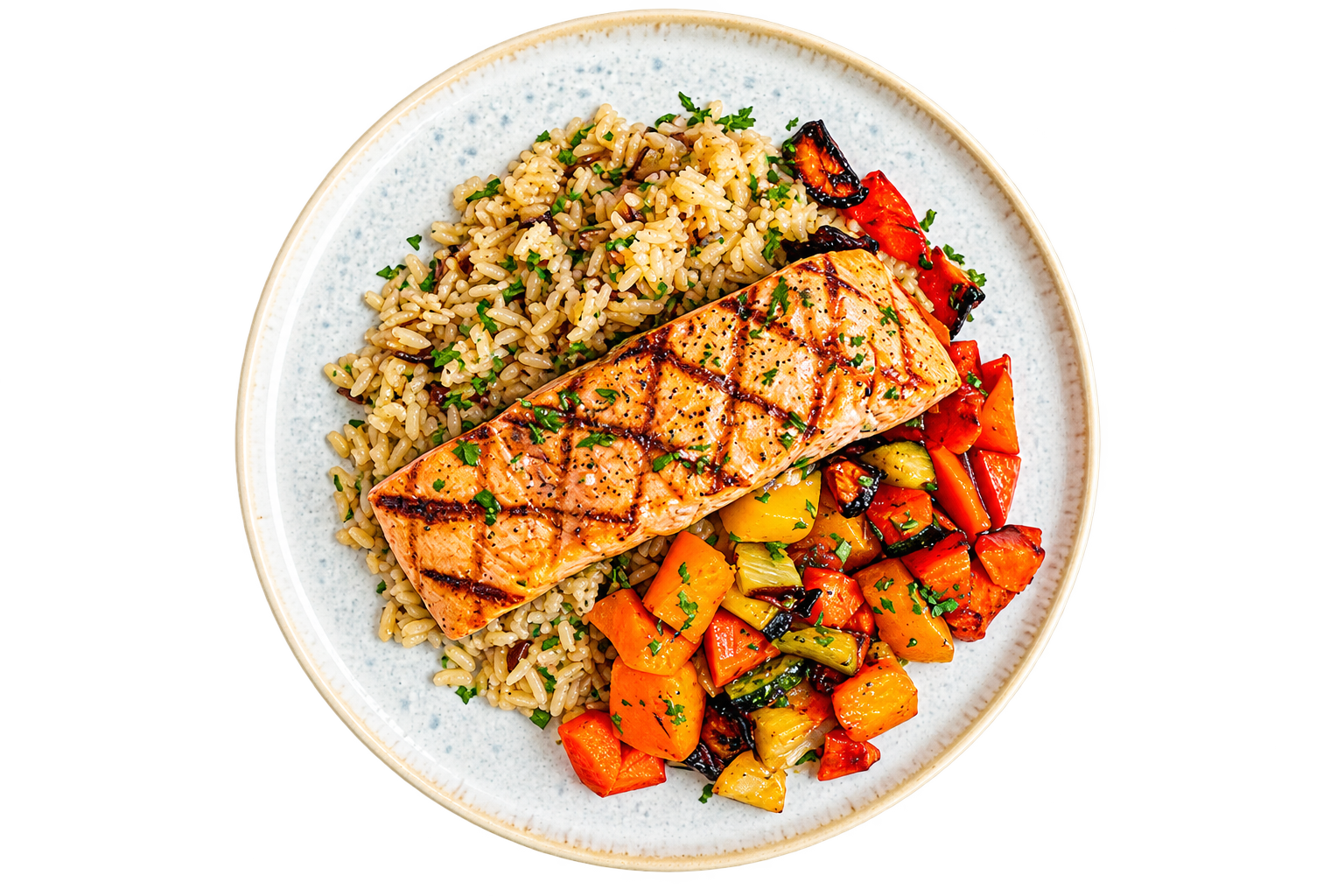 Grilled salmon with rice and roasted vegetables on a white plate