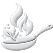 White line-art skillet with stylized steam and herbs, suggesting cooking or sautéing.