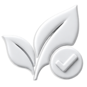 White leaf sprout icon with a checkmark badge