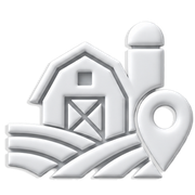 White barn and silo icon with field rows and a location pin icon