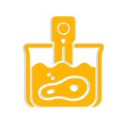 Yellow icon of a lab beaker with liquid and a spoon, outlined in white and orange