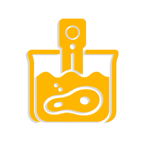 Yellow icon of a lab beaker with liquid and a spoon, outlined in white and orange