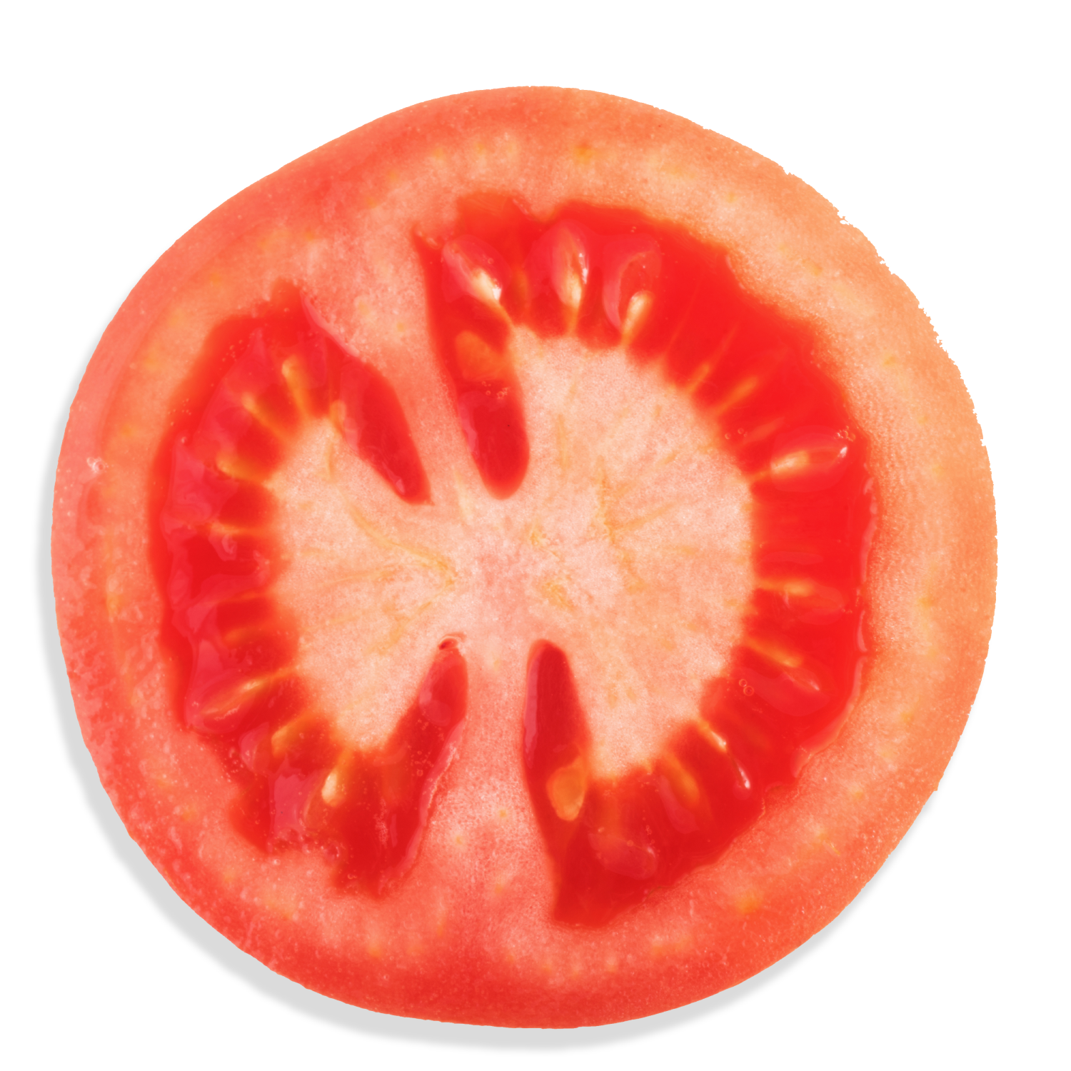 Cross-section of a red tomato with seeds and pale center