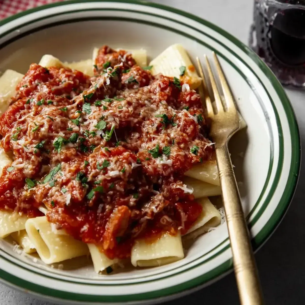 Plate of rigatoni with red meat sauce and grated cheese, garnished with parsley, beside a fork