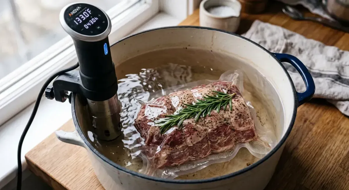 Beef brisket in a Dutch oven being cooked with a sous vide immersion circulator in a kitchen.