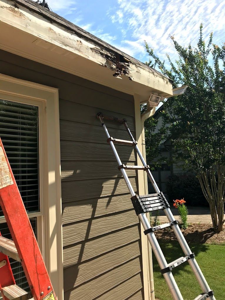 Damaged house siding with ladder leaning against it; a roof and gutter are also visible.