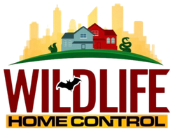 Logo for Wildlife Home Control: Houses, cityscape, bat, snake, squirrel, green hill, and bold text.