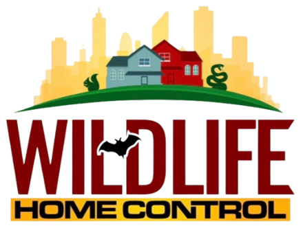Logo for Wildlife Home Control: Houses, cityscape, bat, snake, squirrel, green hill, and bold text.