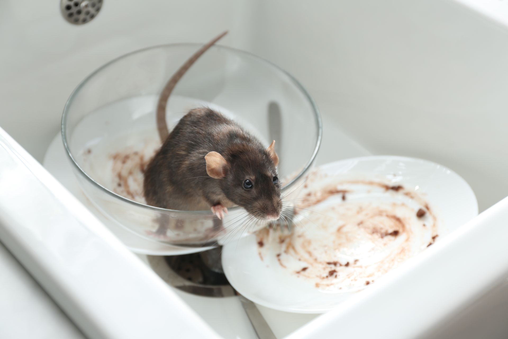 Rat in a dirty sink with unwashed dishes.