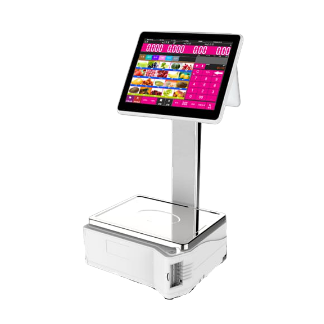 Digital retail kiosk with pink touchscreen display and scale on a wheeled base