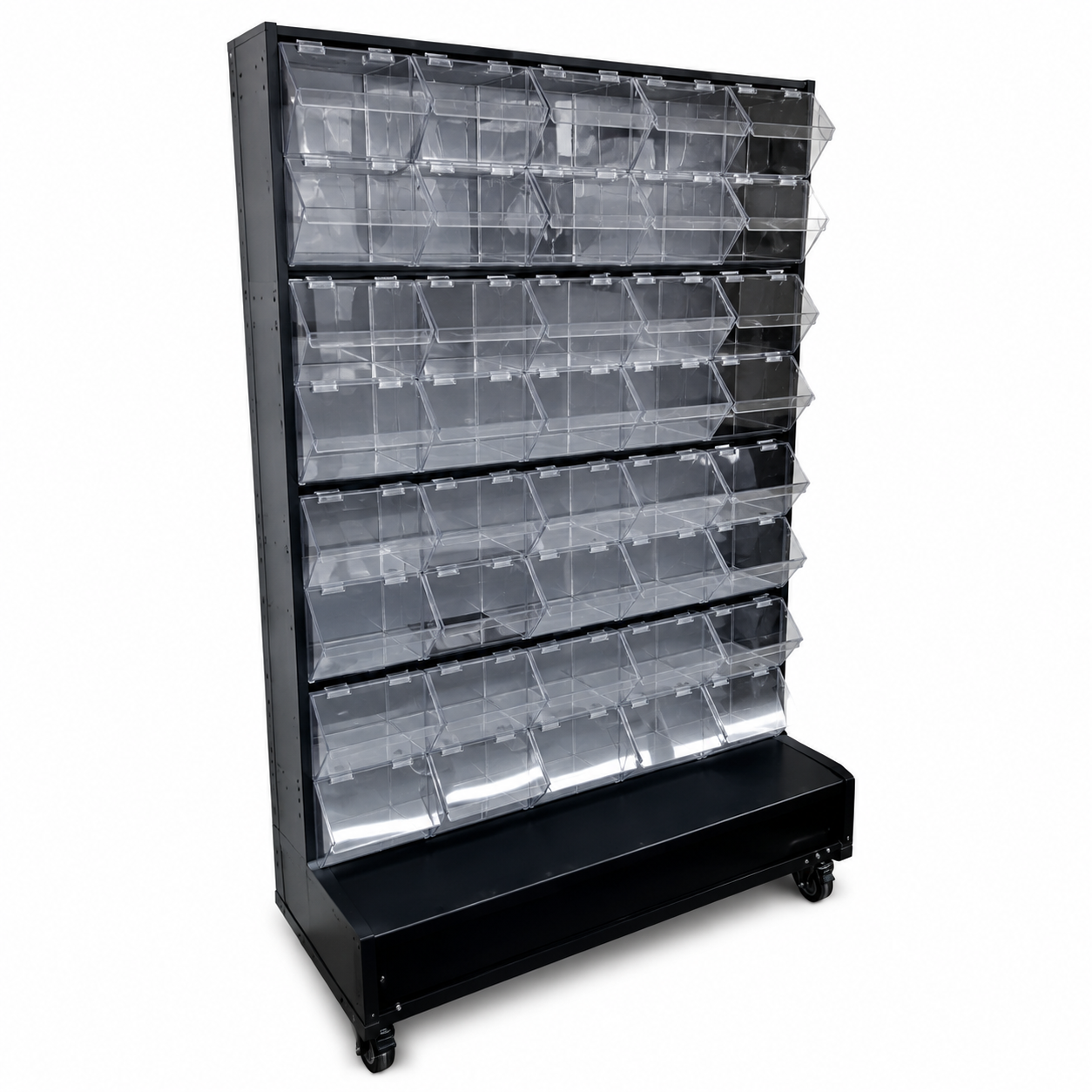 Freestanding black display rack with multiple clear plastic pockets and a bottom shelf on wheels