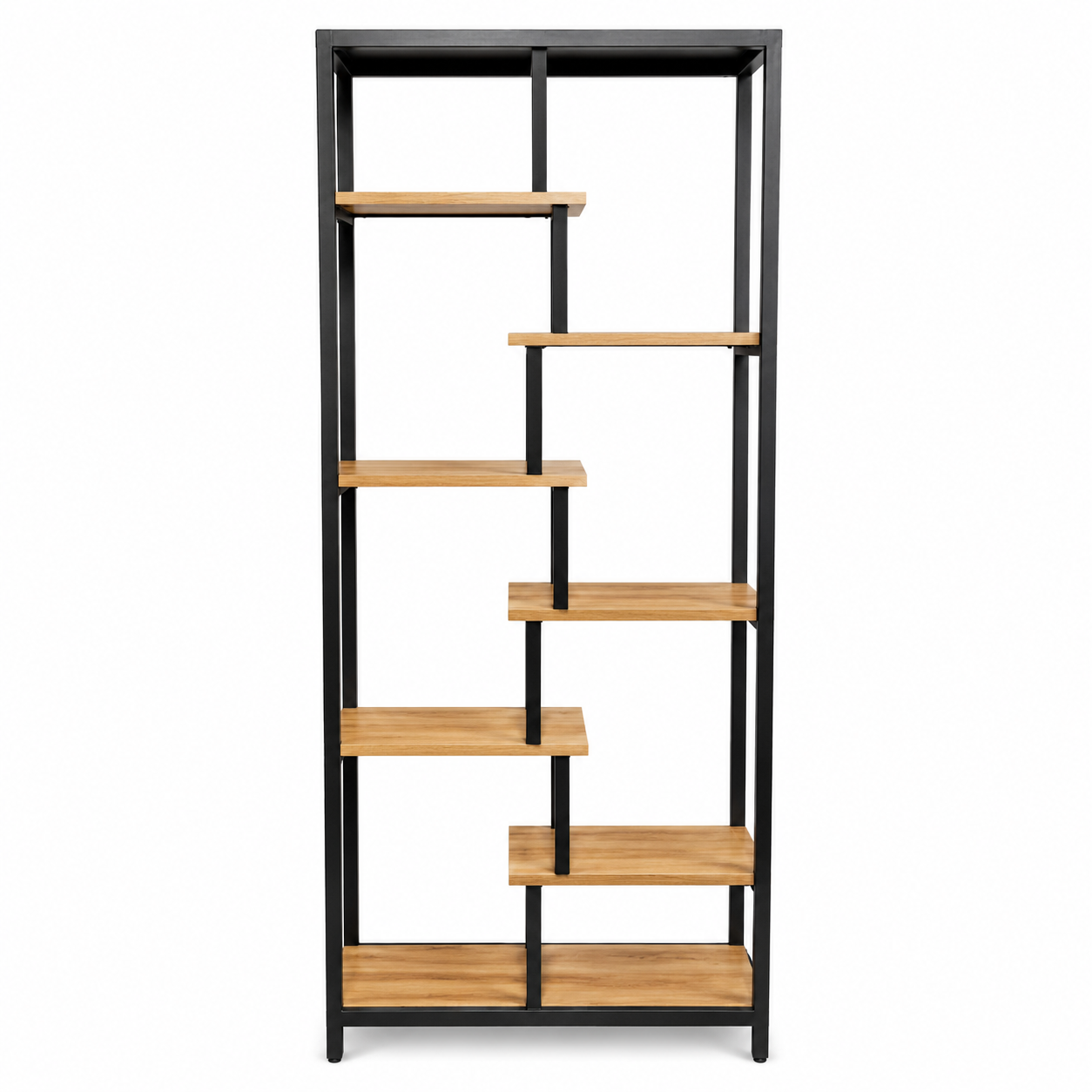 Tall black metal and wood ladder shelf with staggered wooden platforms against a white background