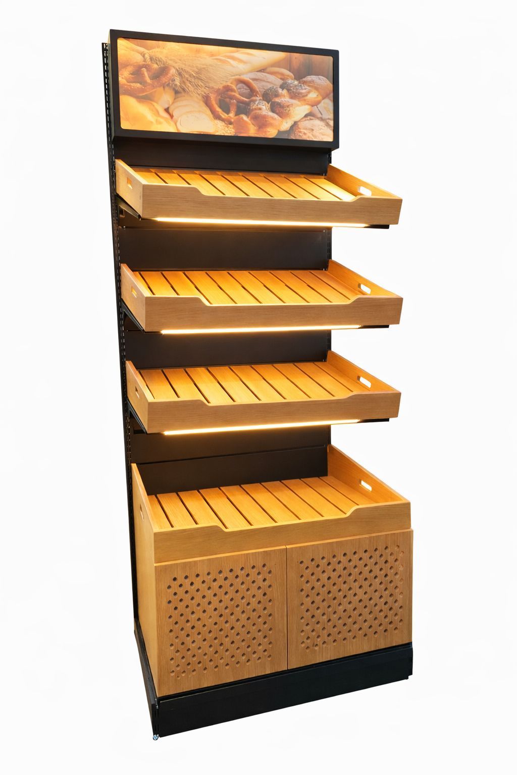 Tall wooden retail display shelf with four pull-out trays and a decorative top panel