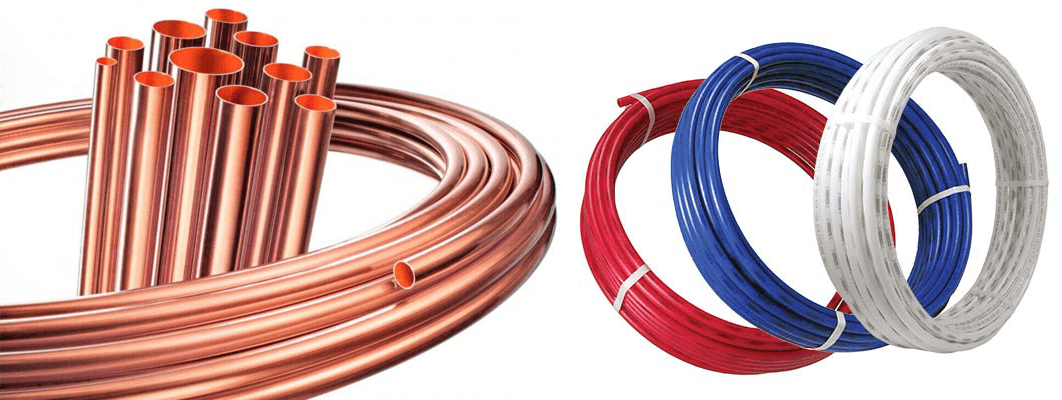 Copper and braided electrical cables coiled in red, blue, and white rings