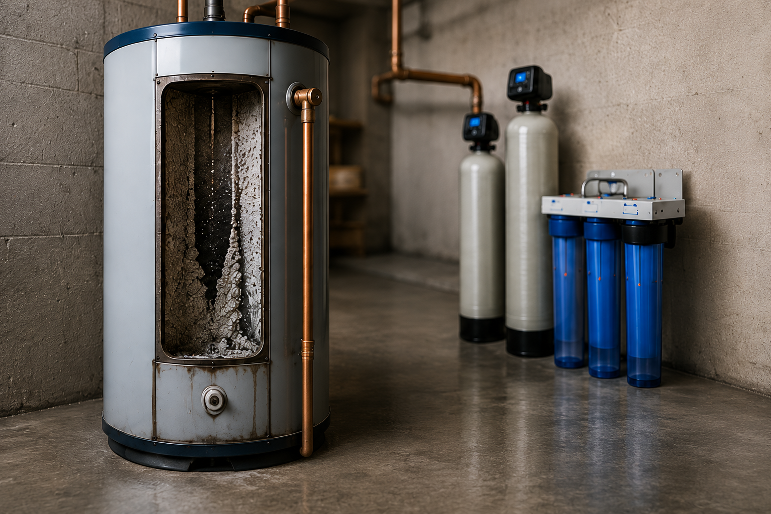 Water filtration system with tanks and blue filter cartridges in a utility room