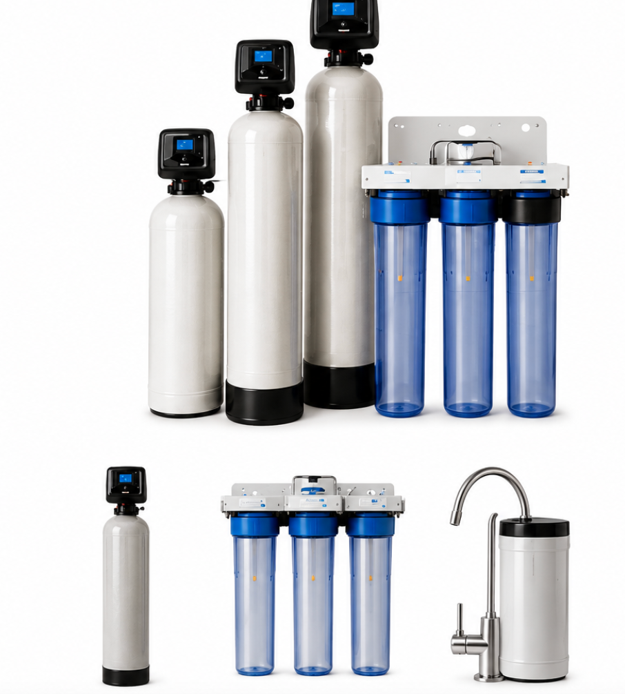 Water filtration system with silver tanks, blue filter housings, and a faucet dispenser