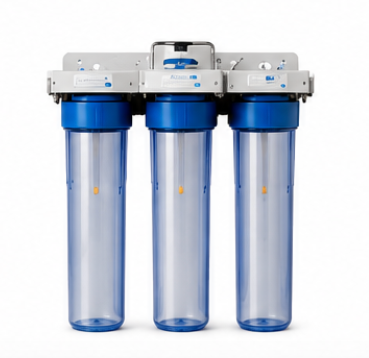 Three blue water filter cartridges mounted side by side on a white background