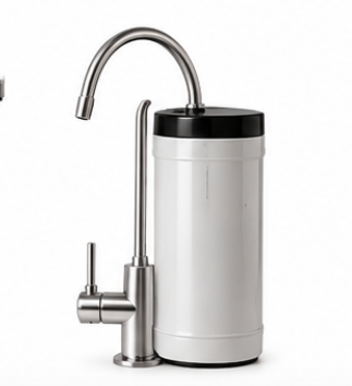 White countertop water filter with silver faucet on a white background