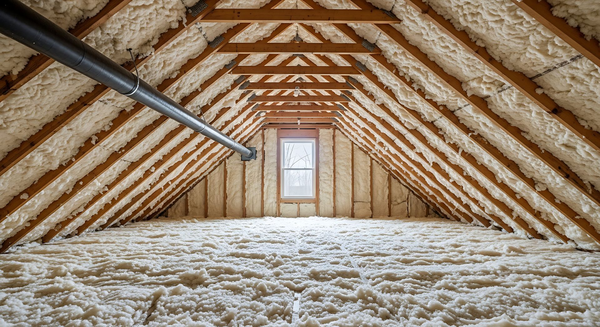 Combles aménagés avec isolation blanche sur les murs et le sol, poutres en bois et une fenêtre au fond.