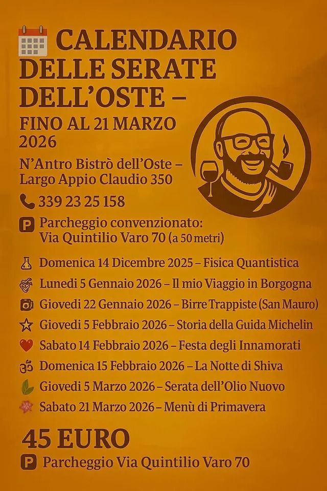Locandina arancione del “Calendario delle Serate dell’Oste” 2026, con l’elenco degli eventi e l’illustrazione di un uomo con un bicchiere.