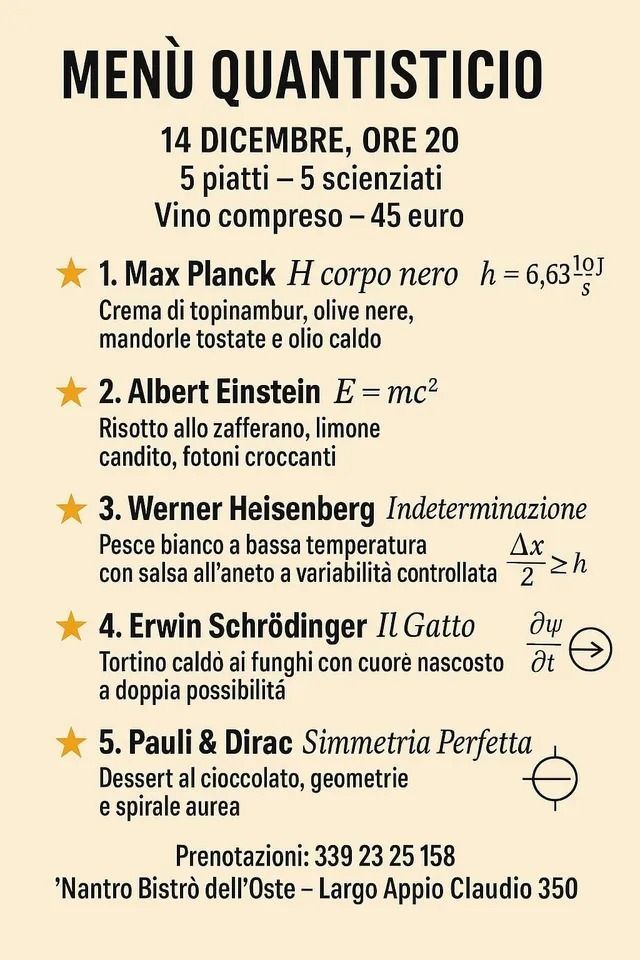 Menù da poster “Menù Quantistico” su sfondo beige, con 5 piatti a tema scientifico e i relativi prezzi in italiano.
