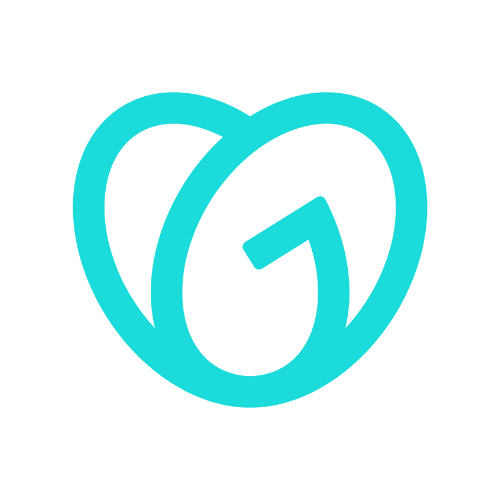 A blue heart with a letter g inside of it.