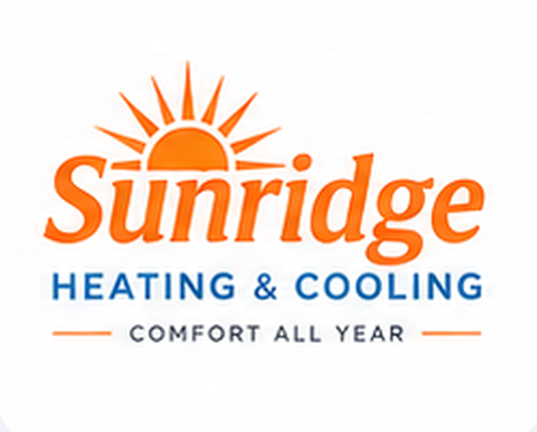 Sunridge Heating & Cooling logo with orange sun graphic and blue tagline “Comfort All Year”