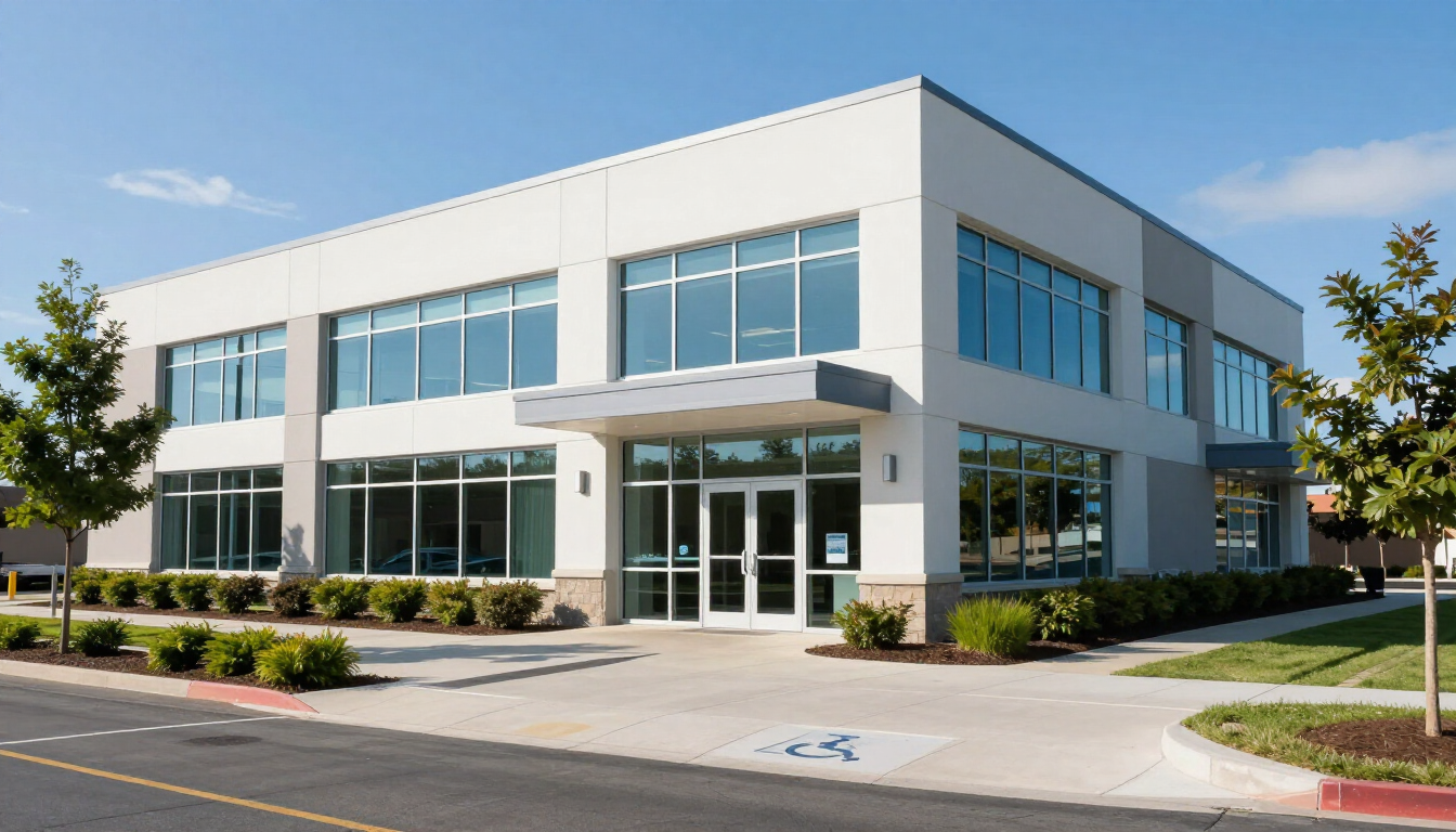 Modern two-story office building with white exterior, large windows, and glass entrance on a landscaped corner lot.