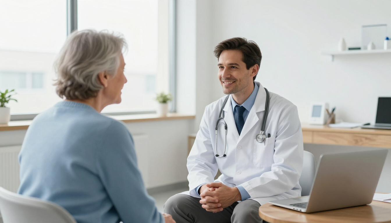 Doctor speaking with a patient in a bright clinic office, seated across from each other with a laptop nearby