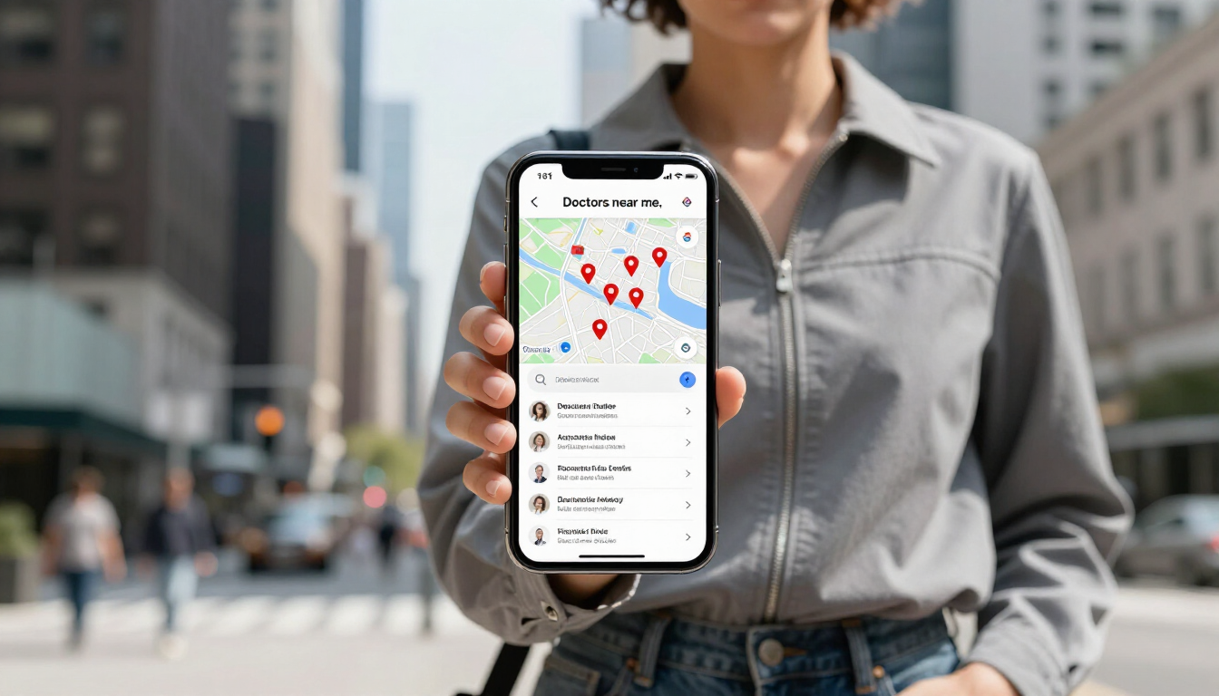 Person holding a smartphone showing a map with pins on a city street.