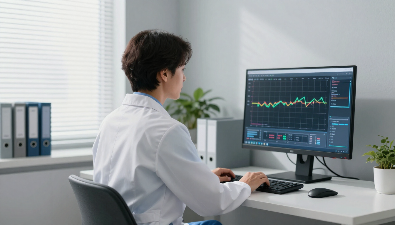 Person working at a desk, monitoring colorful charts on a computer in a modern office