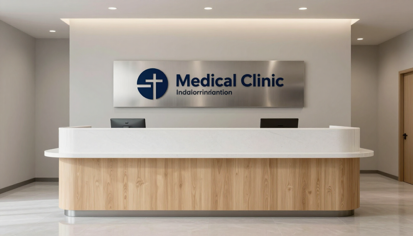 Modern medical clinic reception desk with white and wood finishes and illuminated logo sign