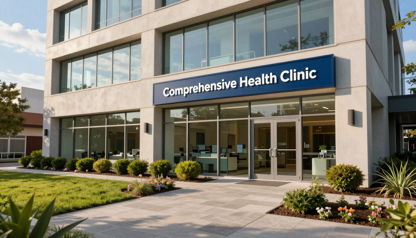 Comprehensive Health Clinic entrance with glass doors, blue sign, and landscaped walkway.