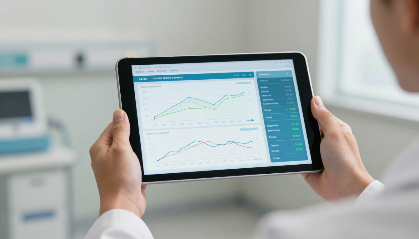 Hands holding a tablet displaying a financial analytics dashboard with line charts and metrics.