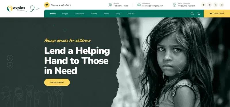 Website banner with donation message beside a grayscale child portrait on a green background