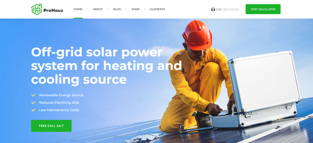 Worker in orange gear installs off-grid solar power system against blue sky with headline text