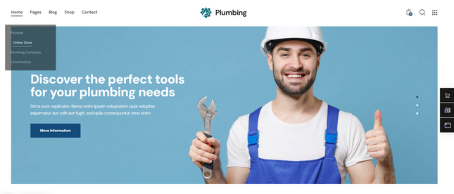 Blue plumbing website homepage with smiling plumber holding tools and headline “Discover the perfect tools for your plumbing needs”